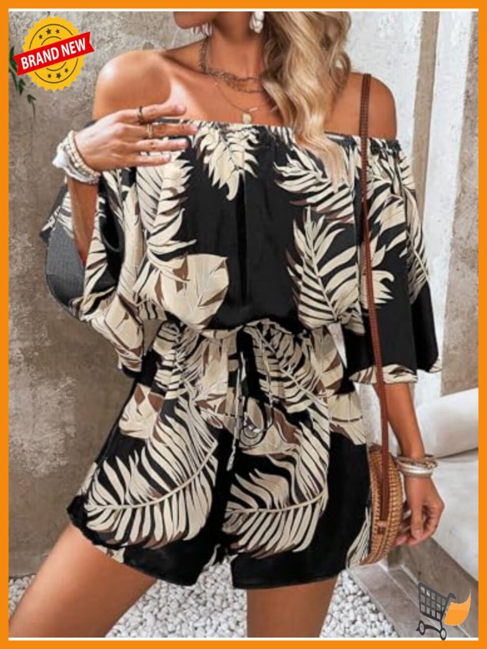 Off Shoulder Romper Flutter Sleeve Boho Short Jumpsuit Drawstring Waist - Picture 2 of 4
